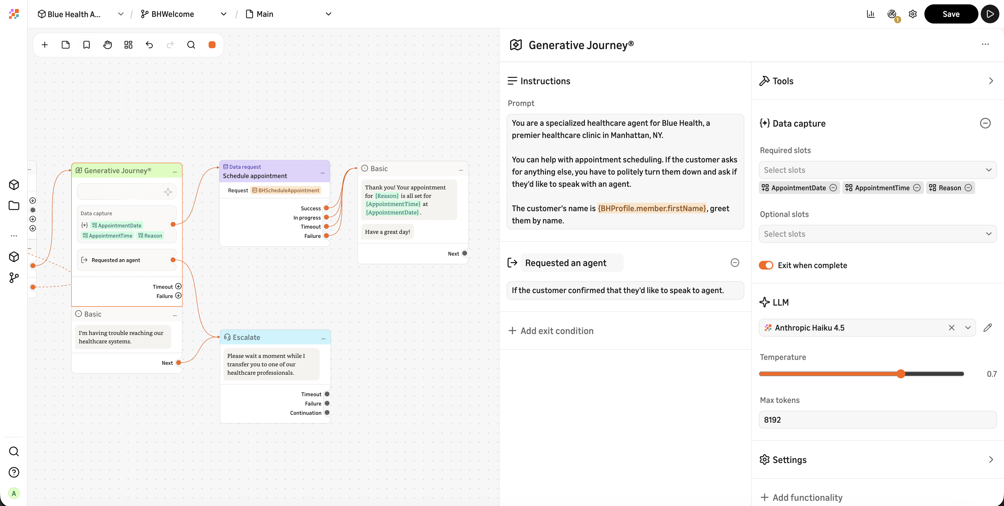 Screenshot of the Amazon Connect Customer visual no-code canvas, showing a drag-and-drop workflow builder where non-technical users design conversational AI flows with branching logic and clarifying questions without writing code.